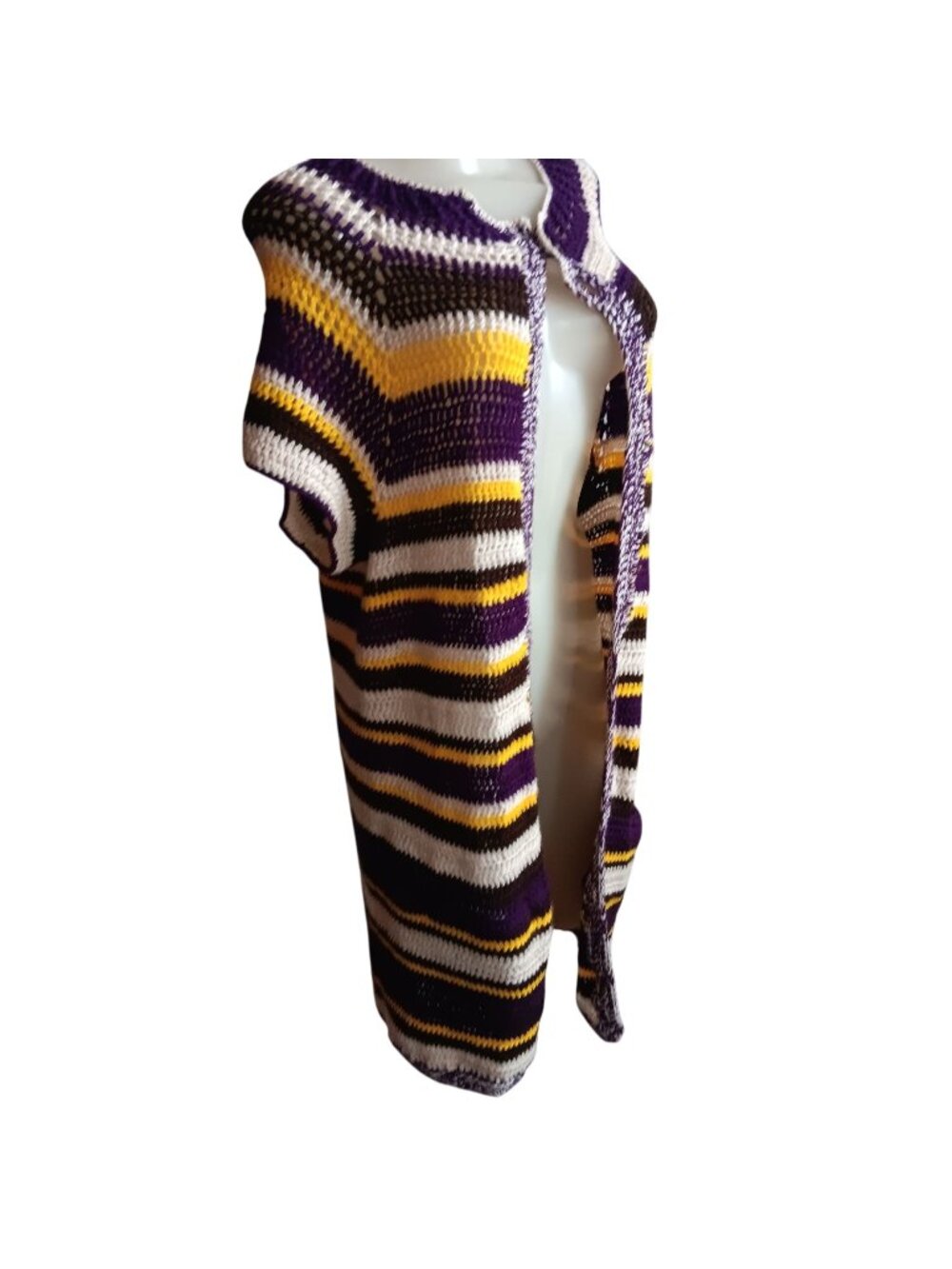 Medium Vtg 1970's Sweater Women's Handmade Striped Multicolor Open Front Knit